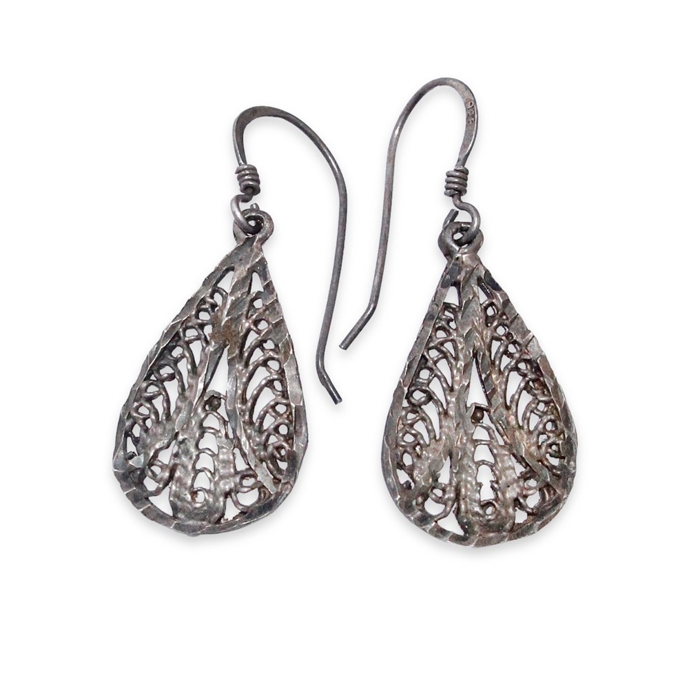 Vintage Sterling Silver Cannetille Filigree Teardrop Dangle Earrings Openwork